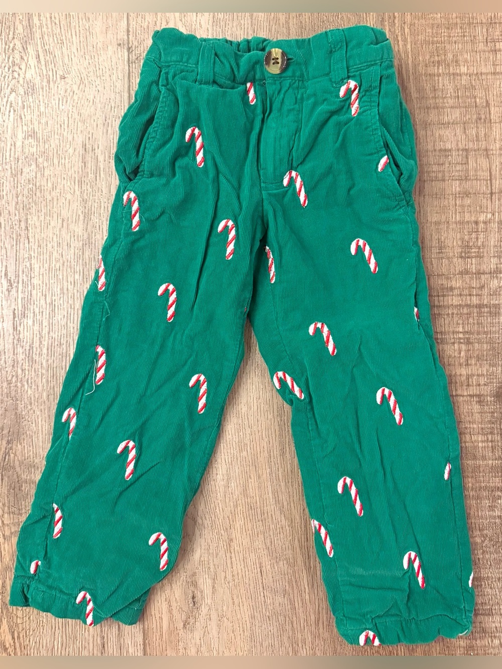 Smockingbird Kids Green Corduroy Pants with Candy Cane Print